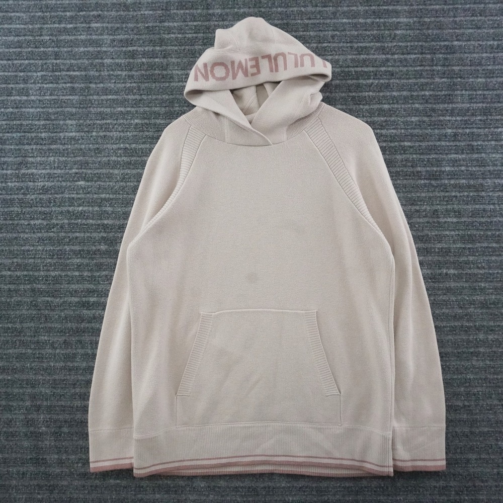 Lululemon Knit Hoodie Women Size 6 Beige Logo Hood Striped Trim Pullover